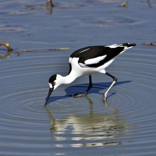 Une avocette élégante se nourrissant dans l'eau peu profonde.