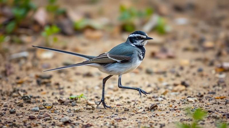 Une bergeronnette grise se déplaçant au sol, montrant sa longue queue et sa démarche caractéristique.