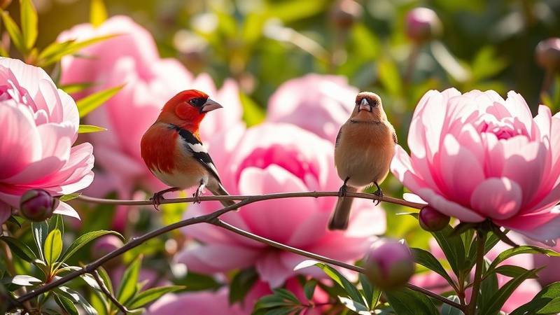 Un couple de Bouvreuils pivoines, le mâle rouge à gauche et la femelle beige à droite.