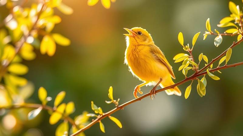 Canari jaune chantant sur un perchoir.