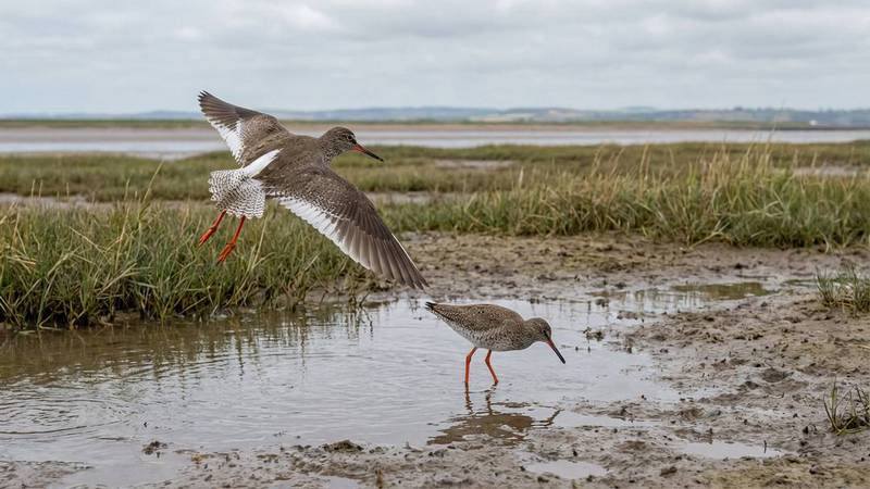 Chevalier gambette en vol au dessus de l'eau