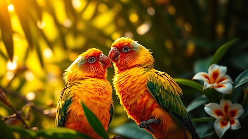 Un couple de conures soleil interagissant, montrant la vivacité de leurs couleurs.