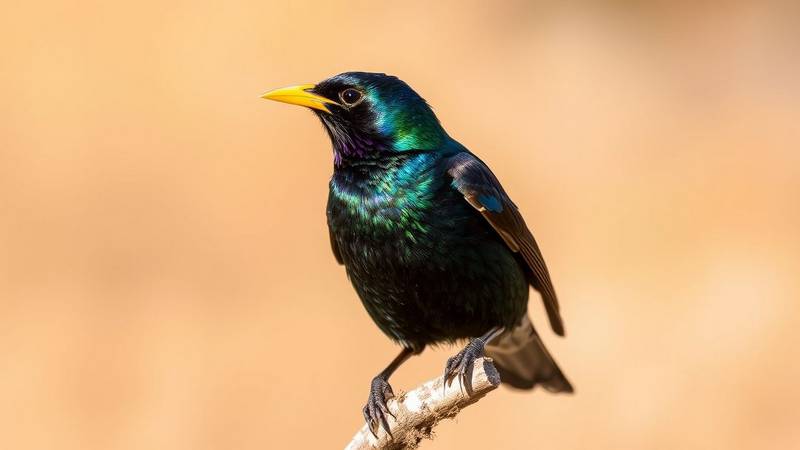 Un Étourneau sansonnet en plumage nuptial, avec ses reflets verts et violets et son bec jaune.