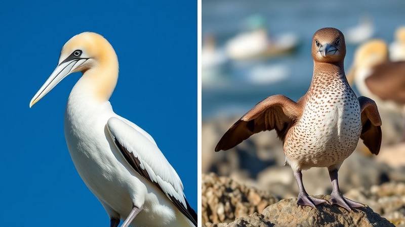 Fou de Bassan adulte et juvénile en comparaison.