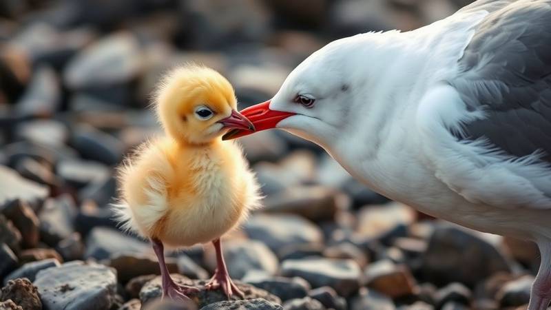 Un poussin de goéland tapote la tache rouge sur le bec de son parent pour être nourri.