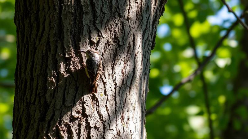 Un Grimpereau des jardins parfaitement camouflé sur un tronc d'arbre, grimpant vers le haut.