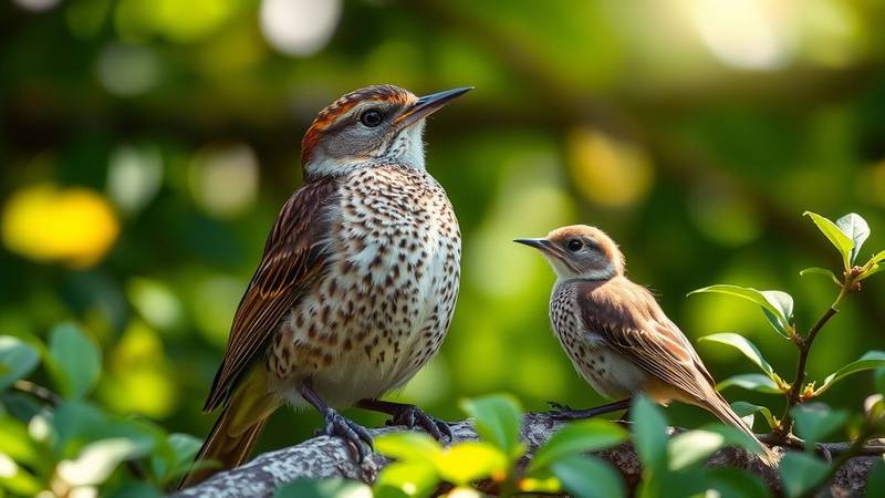 Comparaison entre une Grive musicienne adulte (à gauche) et un juvénile (à droite) montrant les différences de plumage.