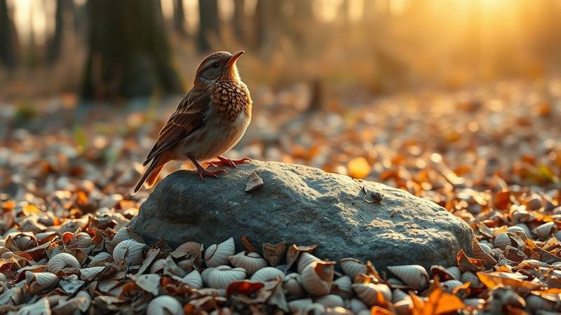 Une Grive musicienne à côté de son enclume, une pierre entourée de coquilles d'escargots brisées.