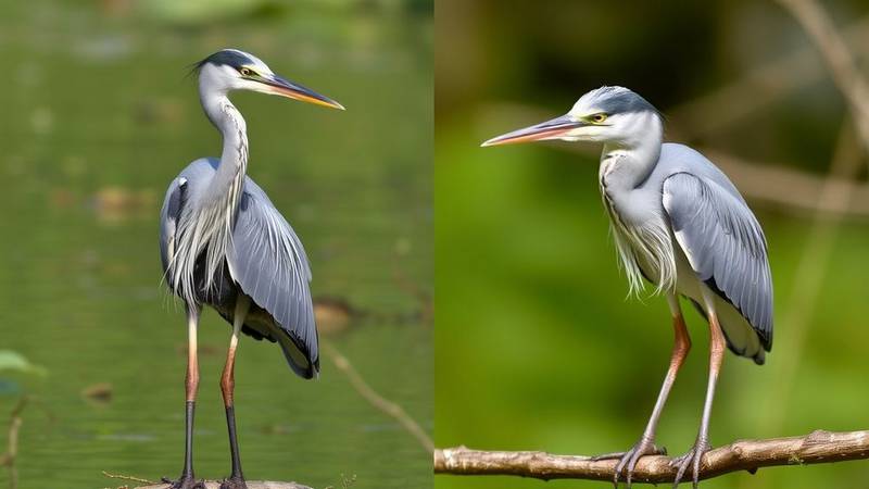 Héron cendré adulte et juvénile.