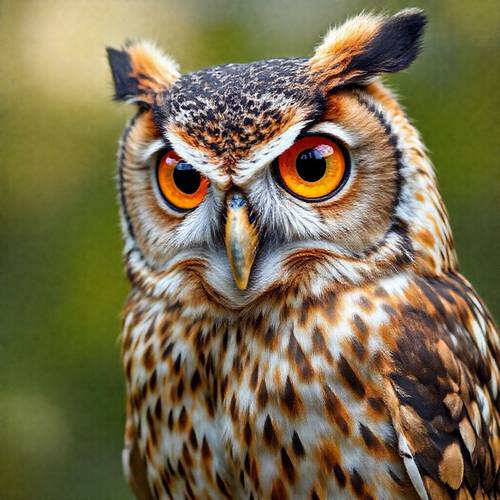 Un Hibou Grand-duc avec ses grands yeux orange et ses aigrettes.