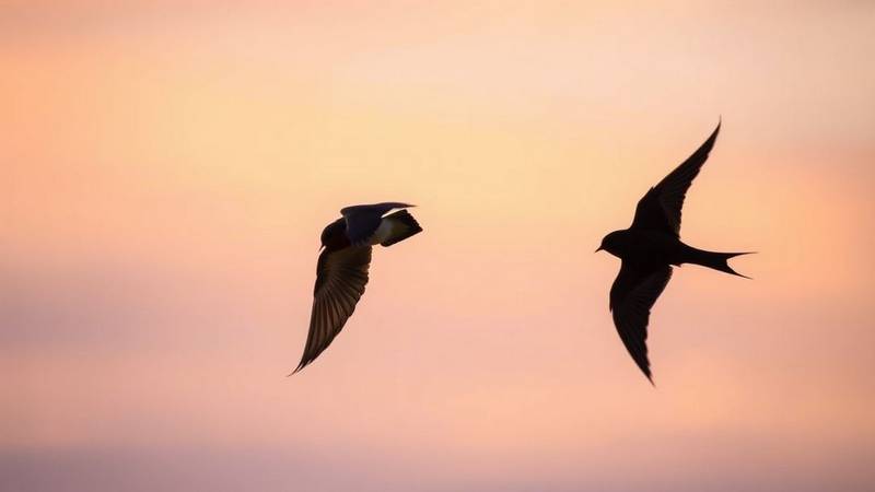 Comparaison en vol entre la silhouette de l'hirondelle rustique (queue fourchue) et celle du martinet noir (ailes en faux).