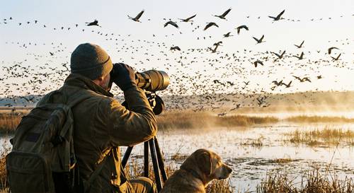 Observation ornithologique au coucher du soleil