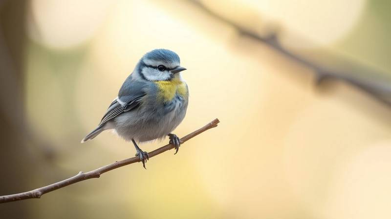 Une jeune Mésange bleue avec des joues jaunâtres et un plumage plus terne.