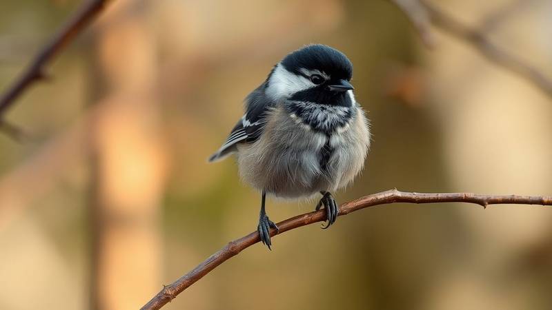 Une jeune Mésange noire, montrant un plumage plus terne et une teinte jaunâtre sur ses taches blanches.
