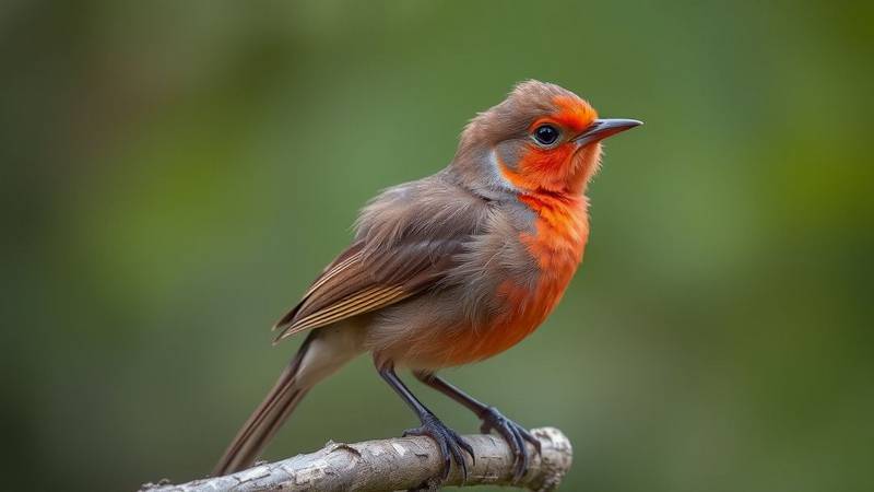 Un jeune rouge-gorge juvénile, au plumage entièrement brun et tacheté, sans poitrail orange.