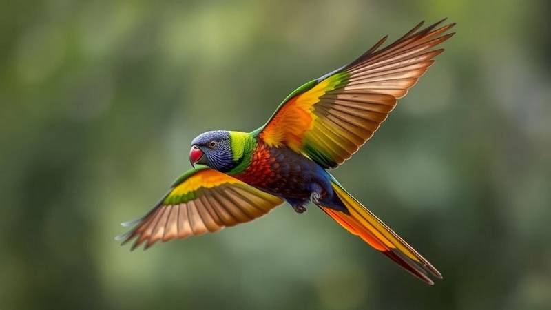 Un Loriquet arc-en-ciel en vol, montrant sa barre alaire jaune et ses parties inférieures colorées.