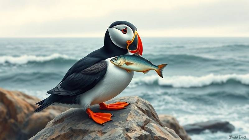 Un macareux moine tenant plusieurs petits poissons en travers de son bec.