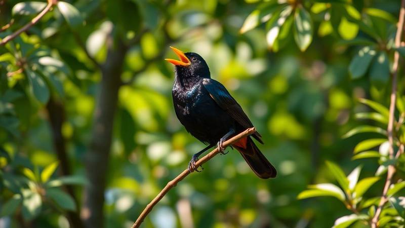 Un merle noir mâle, au plumage noir brillant et bec orange, chantant sur une branche.