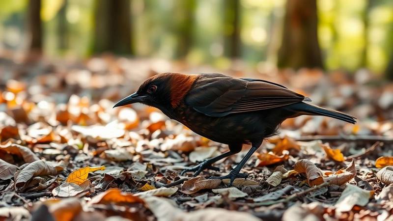 Une femelle de merle noir, au plumage brun et au bec sombre, cherchant de la nourriture au sol.
