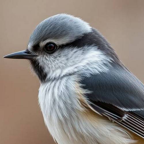 Profil d'une Mésange boréale mettant en évidence sa grosse tête et sa calotte mate.