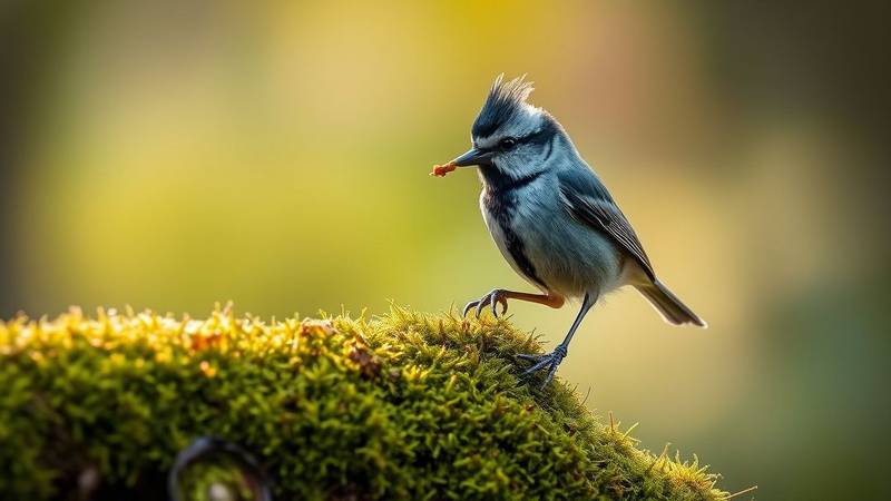 Une Mésange huppée manipulant habilement un insecte.
