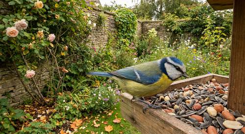 Mésange bleue se nourrissant dans un jardin