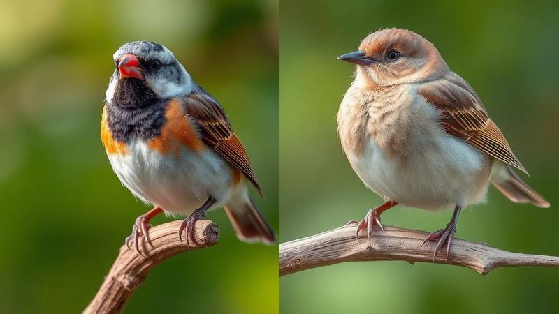 Comparaison visuelle entre un moineau domestique mâle (coloré) et une femelle (unie).