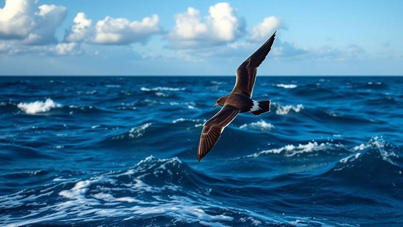 Un Océanite tempête en vol rasant les vagues, montrant son plumage sombre et son croupion blanc.
