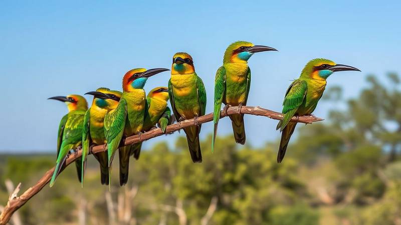 Groupe de guêpiers colorés perchés sur une branche en Afrique.