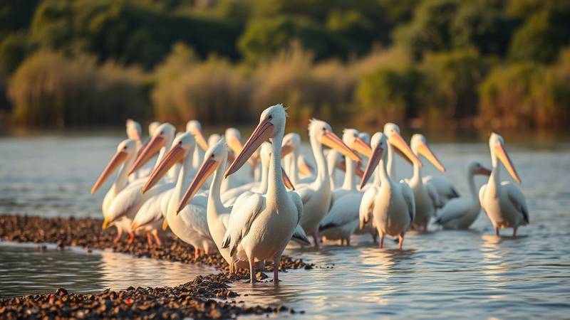 Un groupe de pélicans blancs au bord de l'eau, montrant leur grande taille et leur bec caractéristique.