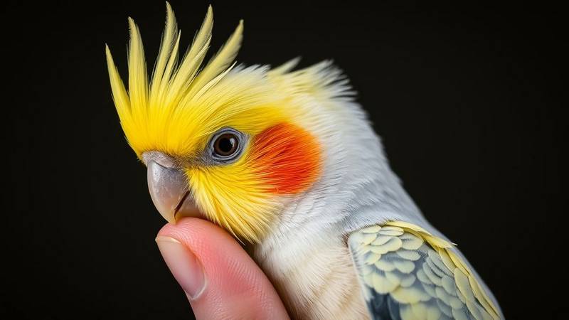 Une perruche calopsitte avec sa huppe jaune érigée, perchée sur un doigt.