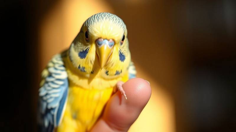 Une perruche ondulée de couleur bleue et jaune perchée sur un doigt, regardant l'objectif.