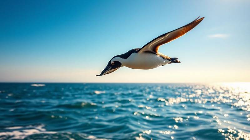 Un pingouin adulte avec sa silhouette noire et blanche se détachant nettement sur l'arrière-plan de l'océan.