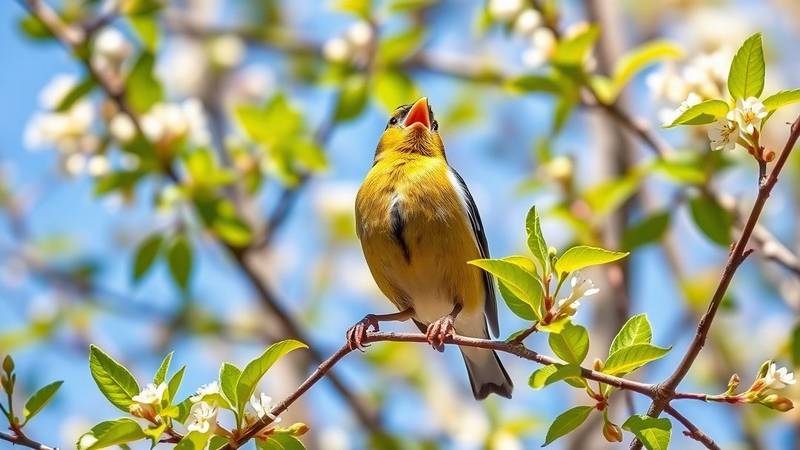 Pinson des arbres mâle chantant à pleine voix, bec grand ouvert, sur une branche au printemps.