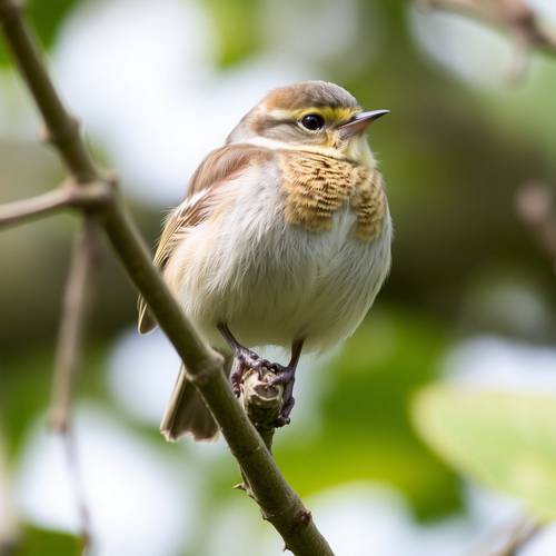 Portrait d'un Pipit des arbres montrant ses pattes rosées et ses stries pectorales nettes.