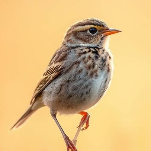 Portrait d'un Pipit farlouse montrant ses pattes sombres et ses stries plus diffuses.