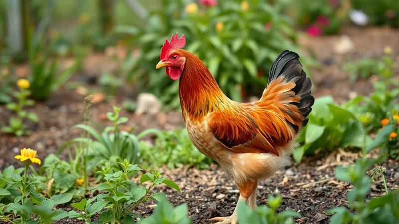 Une poule domestique picorant dans l'herbe.