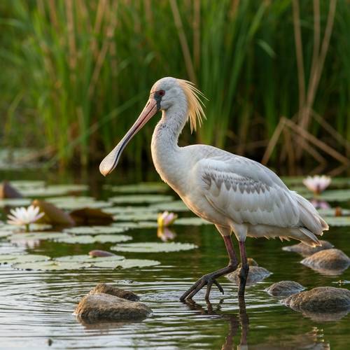 Une Spatule blanche dans une zone humide.