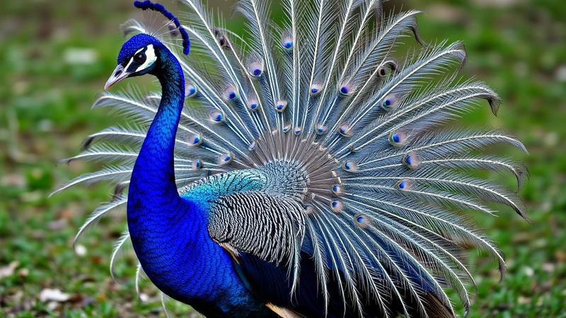 Un magnifique Paon bleu mâle faisant la roue.