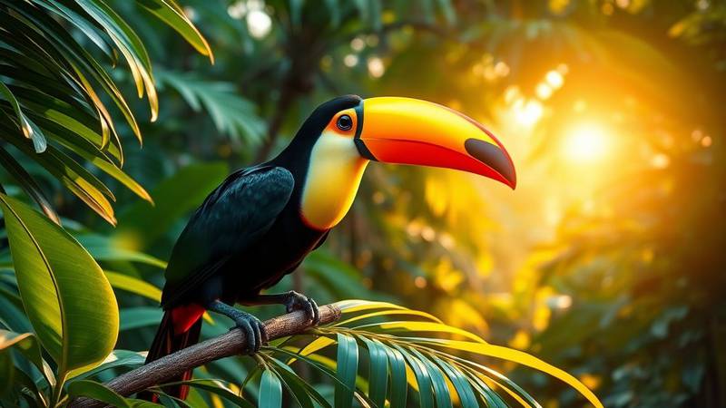 Le Toucan avec son grand bec orange.