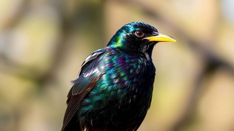 A European Starling in breeding plumage, showing its green and purple iridescence and yellow bill.