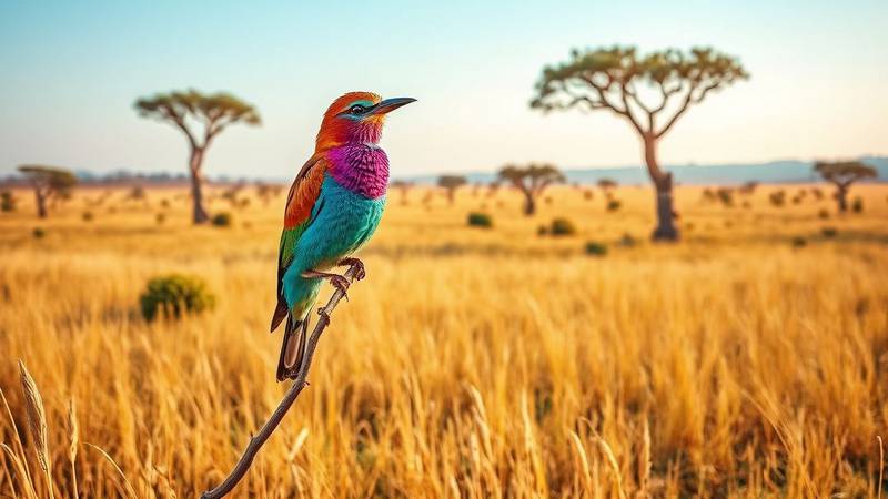 A colorful lilac-breasted roller perched on a branch in the savanna.