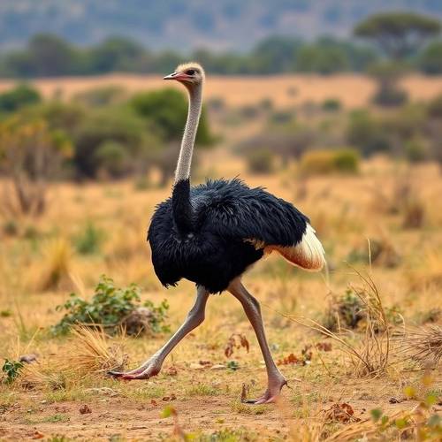 An African ostrich running in the savanna.