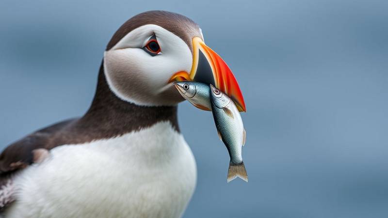 An Atlantic Puffin holding several small fish crosswise in its beak.