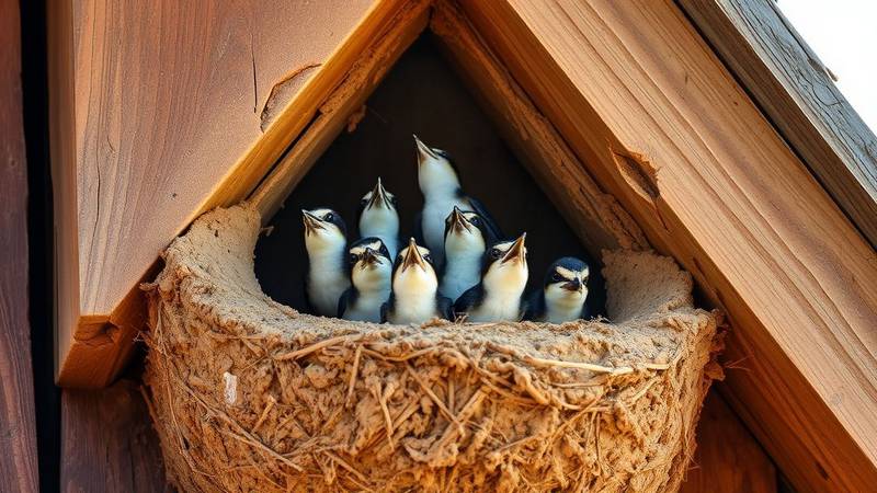 A Barn Swallow nest made of mud, with several hungry chicks peering over the edge.