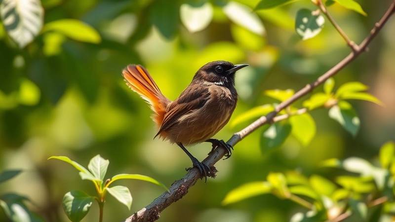 A female Black Redstart showing her plain brown body but bright, shivering orange-red tail.