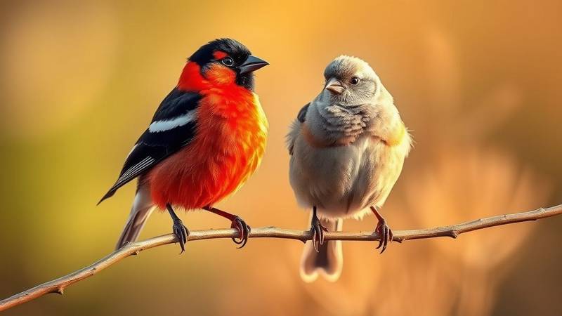 A pair of Eurasian Bullfinches, the red male on the left and the beige female on the right.
