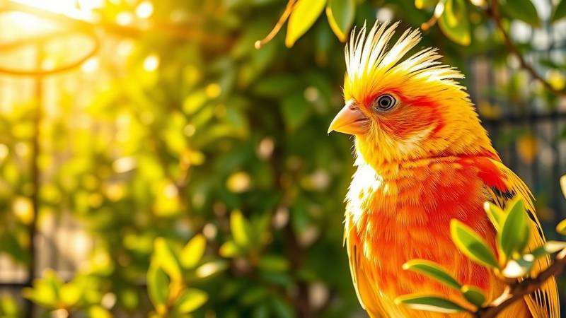 A red-factor canary next to a crested Gloster canary, showing the diversity of types.