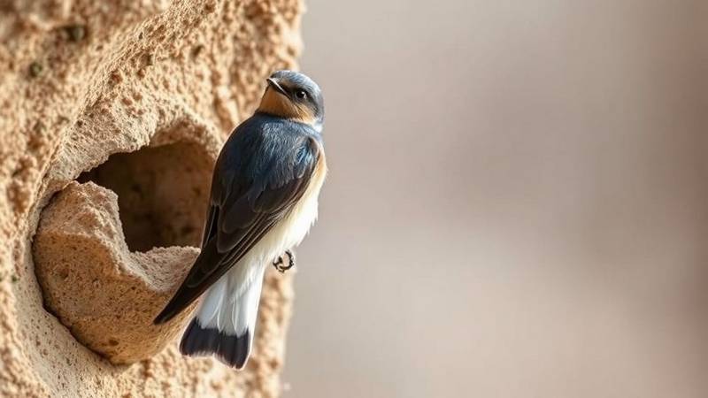 A Cliff Swallow showing its pale rump and square-ended tail, perched near its mud nest.
