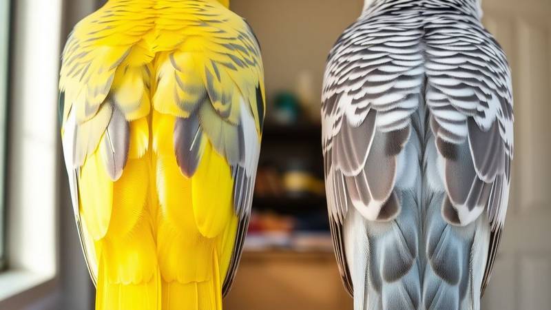 Comparison of the underside of a male cockatiel's solid tail and a female's barred tail.